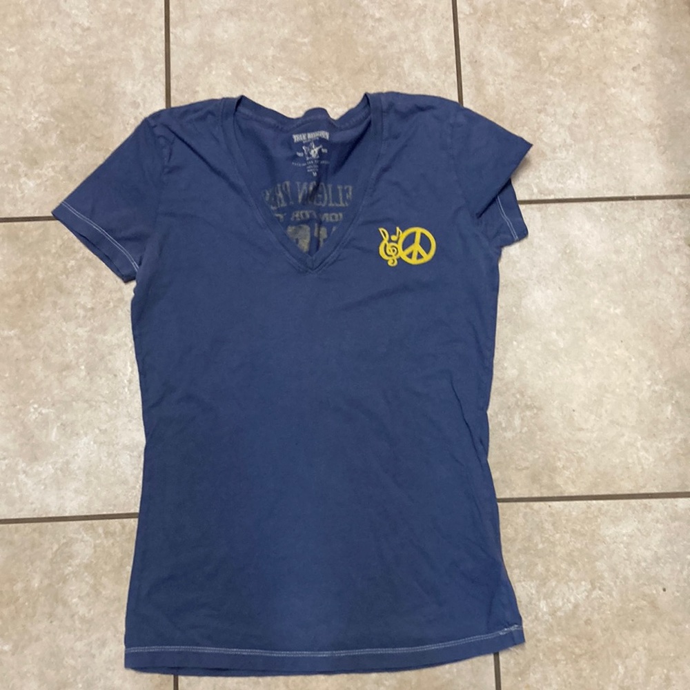 True, religion, brand, jeans, world tour, blue T-shirt